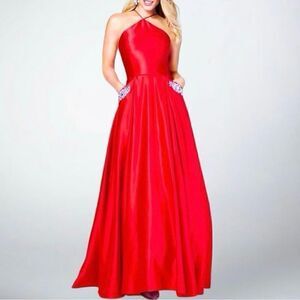 Blondie Nites Red Satin Halter & Gem Pockets Prom Evening Dress Gown Sz 11